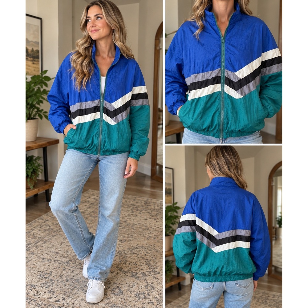 Vintage 90s Avait Sportif Colorblock Windbreaker Jacket Blue Teal Large